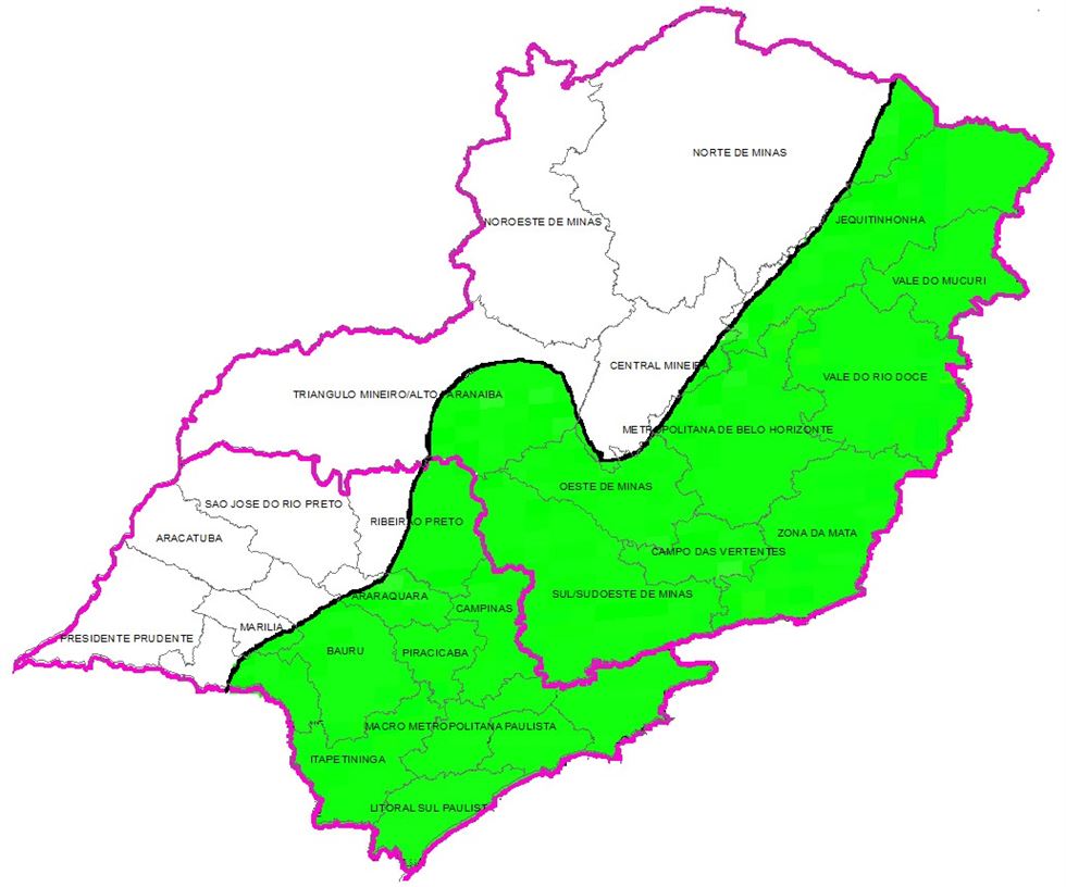 Estados de Minas Gerais e São Paulo- com área destacada na cor verde -poderão apresentar chuvas abaixo da média no mês de junho