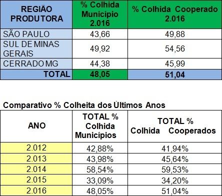 Resumo do andamento da colheita da Cooxupé em 2016 (até 15 de julho de 2016) / Tabela: Cooxupé
