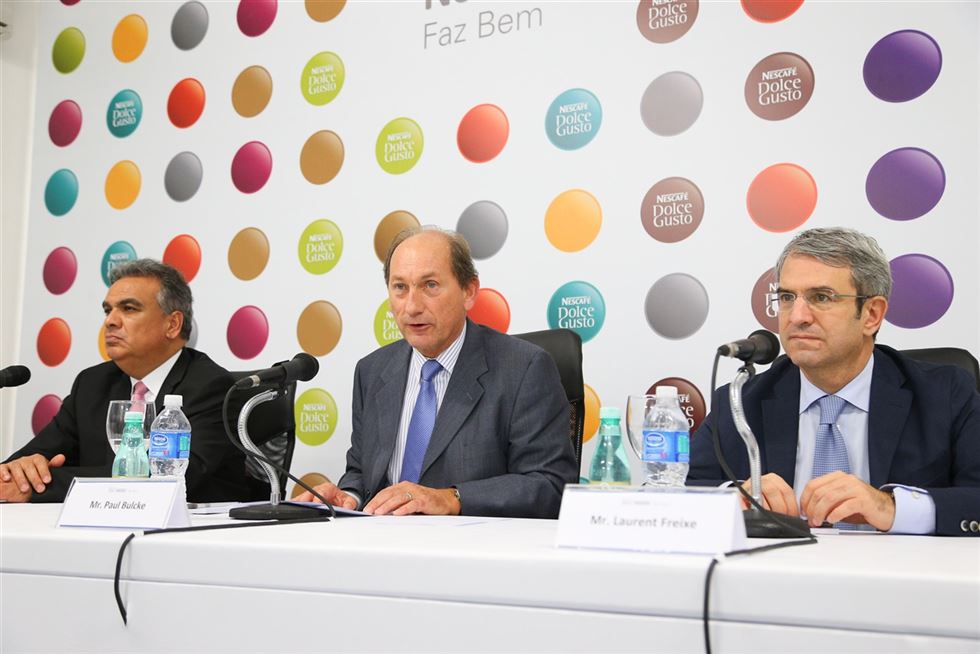 Da esquerda para a direita: Juan Carlos Marroquín, CEO da Nestlé Brasil, Paul Bulcke, CEO Nestlé S. A. e Laurent Freixe, VP da Zona Américas. Foto: Divulgação/ Nestlé