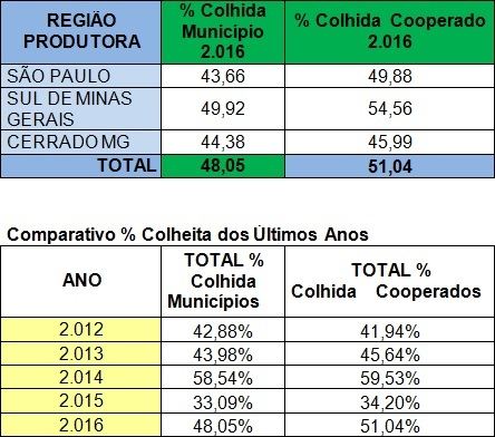 Resumo do andamento da colheita da Cooxupé em 2016 (até 15 de julho de 2016) / Tabela: Cooxupé Resumo do andamento da colheita da Cooxupé em 2016 (até 15 de julho de 2016) / Tabela: Cooxupé