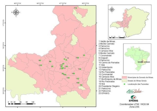 Mapa abrange as principais regiões produtoras do Cerrado Mineiro e contém as 12 principais cultivares com potencial para a região